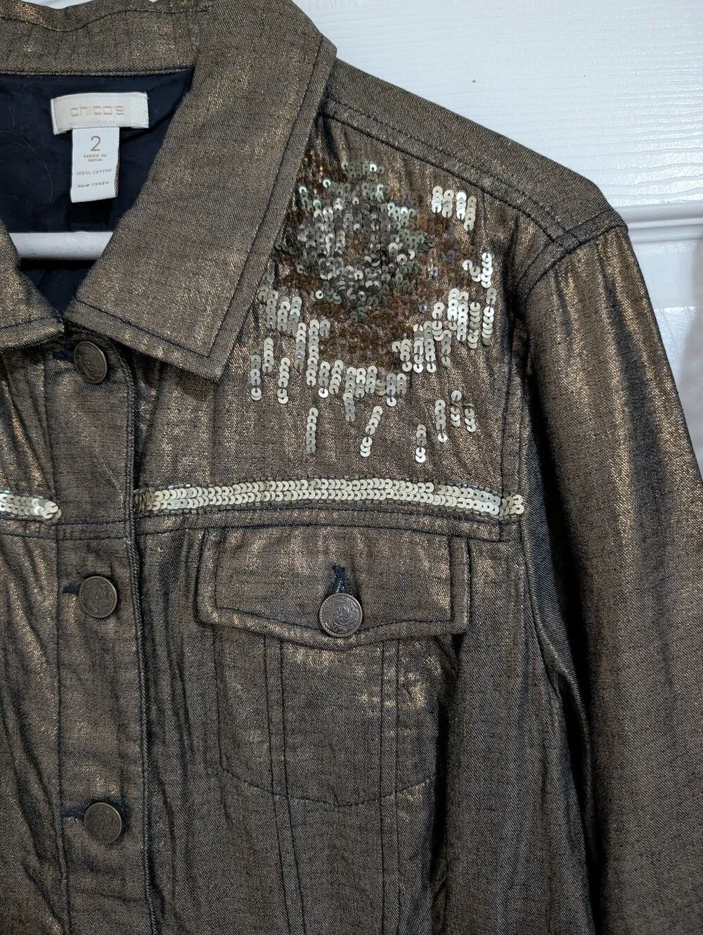 Chico's Metallic Embellished Button Front Jacket Bronze Bedazzled Women's Large